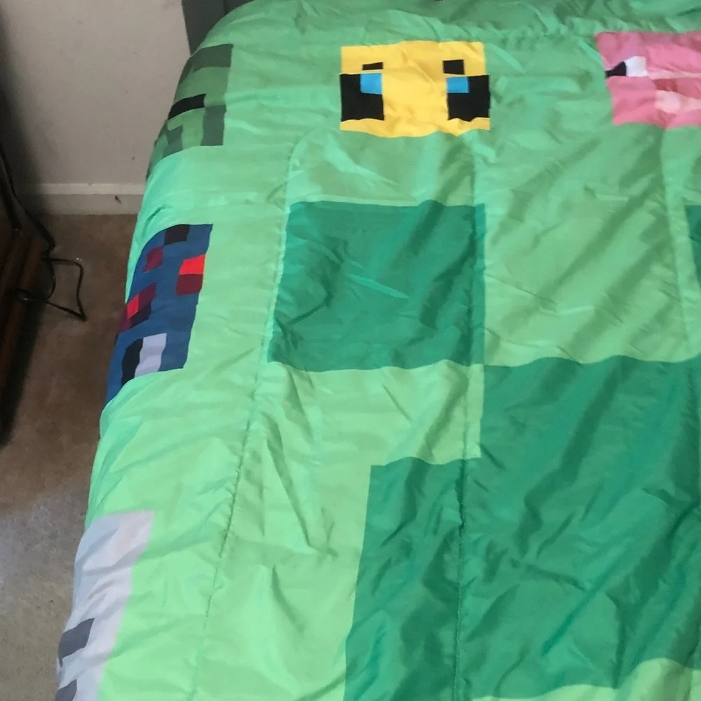 Green Pixel Monster Comforter with Character Accents